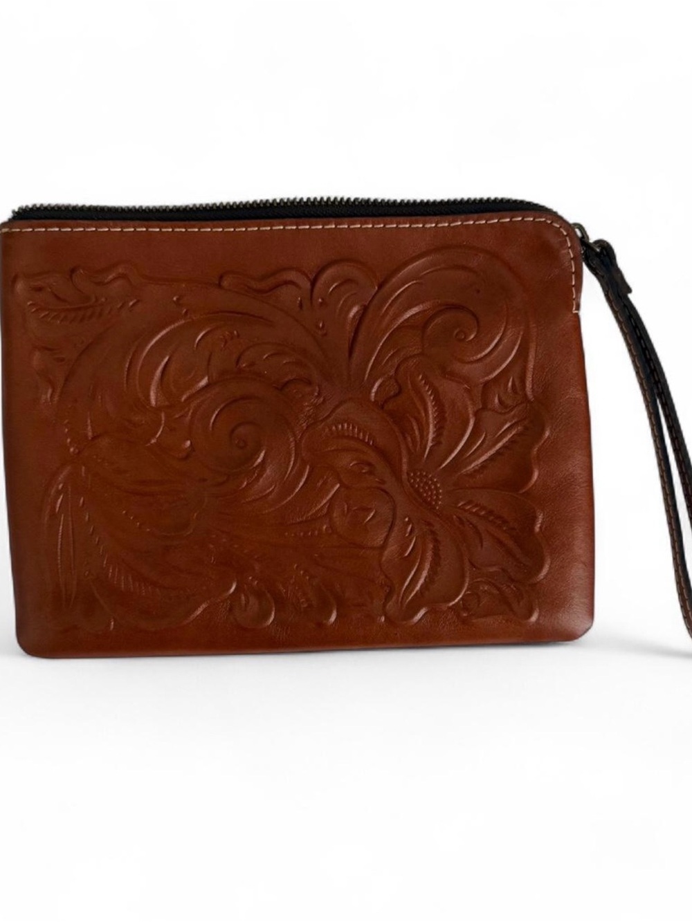 Patricia Nash Brown Tooled Leather Wristlet Clutch